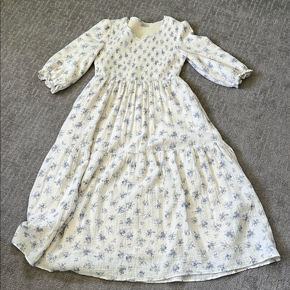 Floral Cream and Blue Women's Dress